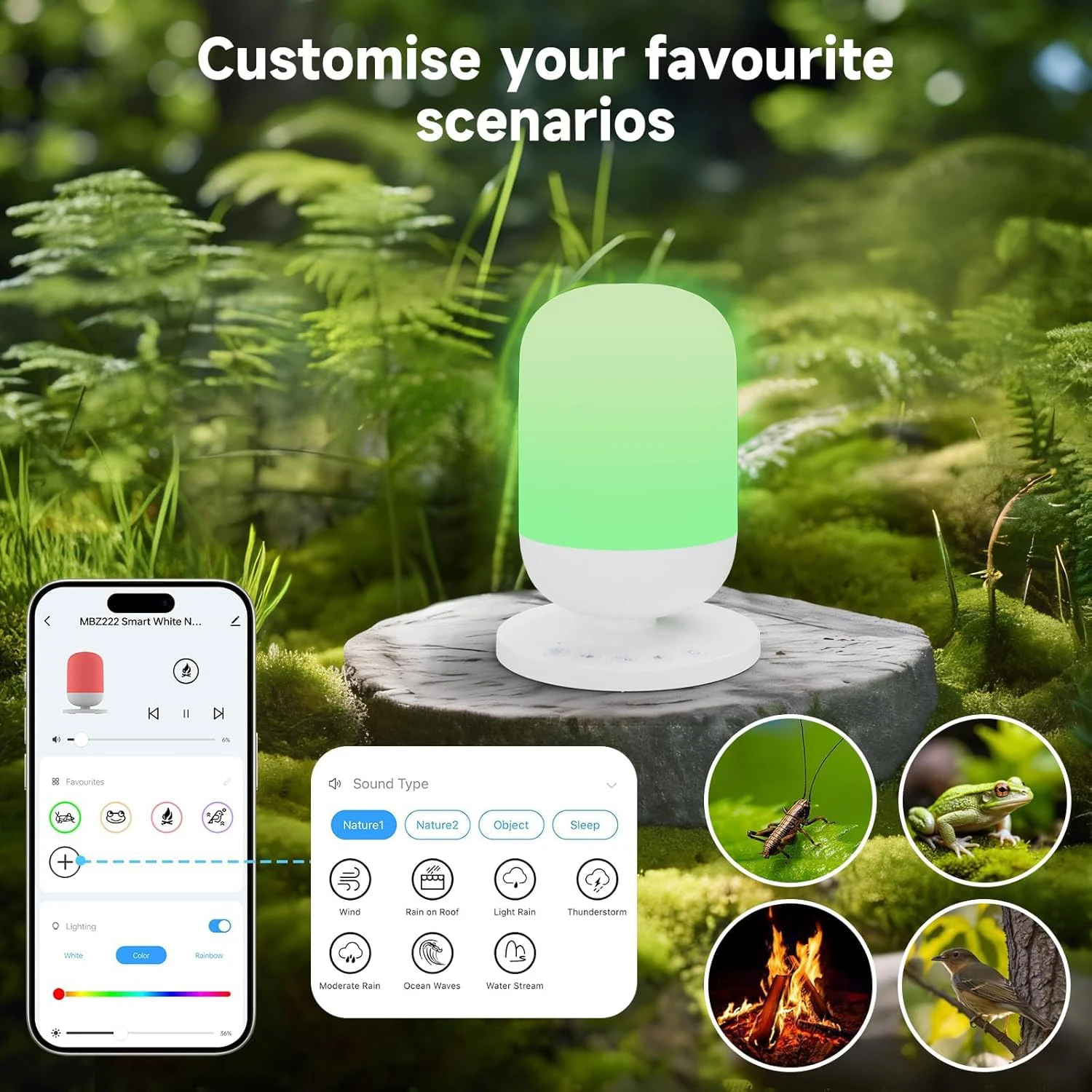 آلة الضوضاء البيضاء، آلة صوت الطفل مع ضوء ليلي، 34 صوتًا مهدئًا للتحكم في التطبيق، ضوء ليلي 7 ألوان مع مؤقت