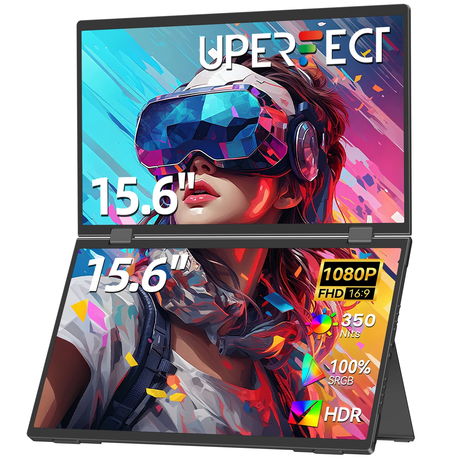 

UPERFECT Dual Portable Monitor 15.6" 1080P FHD IPS Folding Stacked Triple Laptop Screen Extender Game USB-C Plug & Play Travel