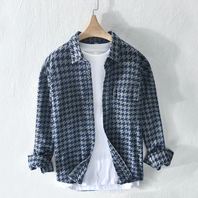 

Casual Shirts For Men Luxury Blue Denim Houndstooth Vintage Shirt Jacket Cotton Blouse Long Sleeve Streetwear Harajuku Shirts