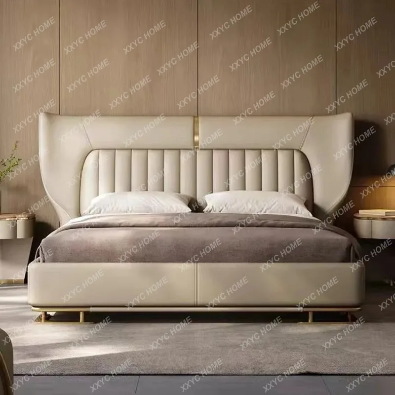 

Кровать ML Light Luxury для главной спальни, атмосферная двуспальная кровать, минималистичная роскошная кровать с мягким изголовьем, современная кровать нестандартной формы с высокой спинкой.