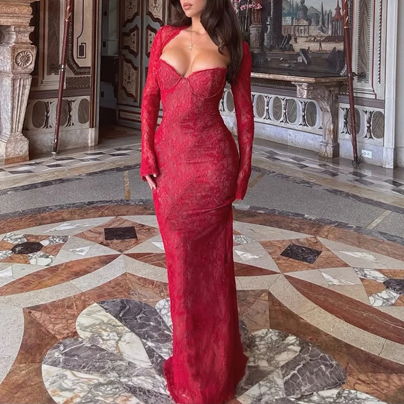 OMSJ Lace See-through Long Sleeve Short Cardigan Shawl+Strapless Tight Fit Package Hip Maxi Dress Sexy Charming Women Party Wear