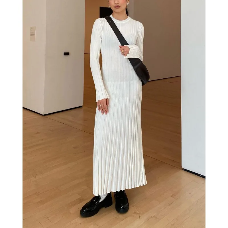 

Chic Knitted Pleated Maxi Dress Women Robe New Spring Ribbed O-neck A-line Dresses Female Casual Lace Up Apricot Fashion Robe