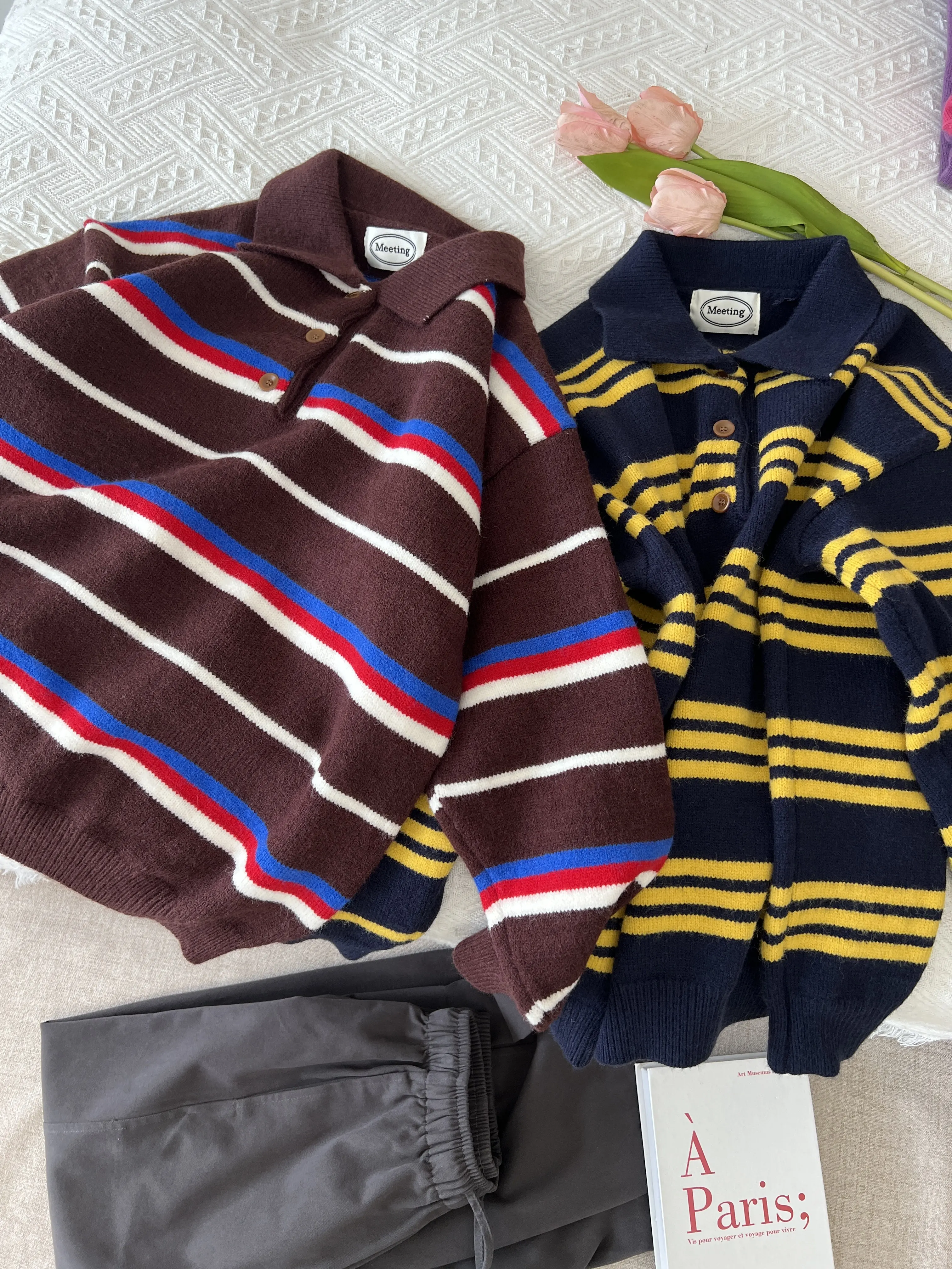 

American Retro Striped Sweater For Women Contrasting Color Lapel Knitted Pullover Tops Autumn Casual Fashion Loose Knitting Tees