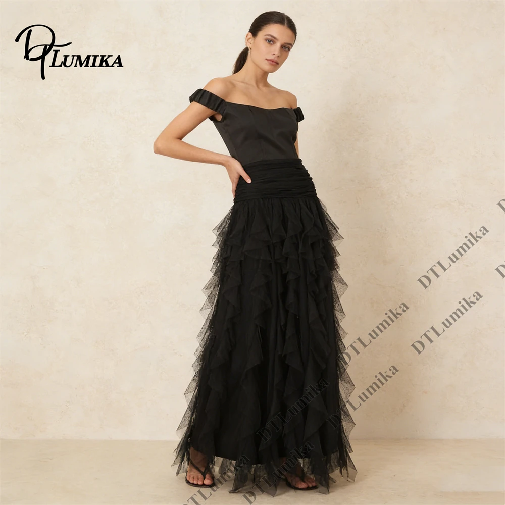 

Fashion Streetwear Women’s Black Off - Shoulder Gown Ruched Bodice Tulle Ruffled Maxi Party Evening Dress (Size XS - 3XL)