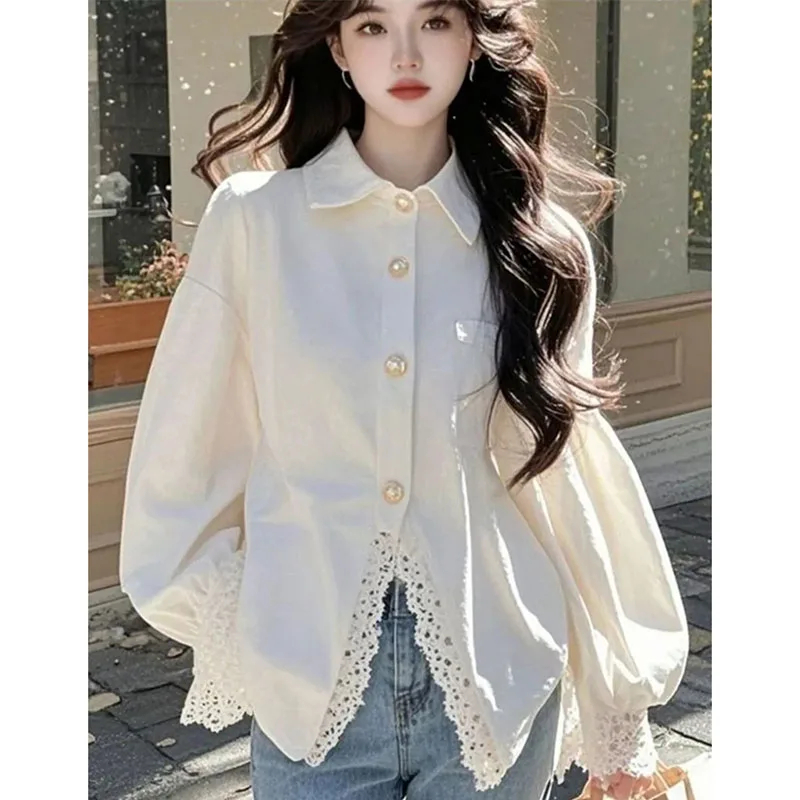 

Retro Women Solid Color Casual Loose Blouse Spring Autumn Female Lce Patchwork Shirt Coat Ladies Fashion Long Sleeve Shirt Tops