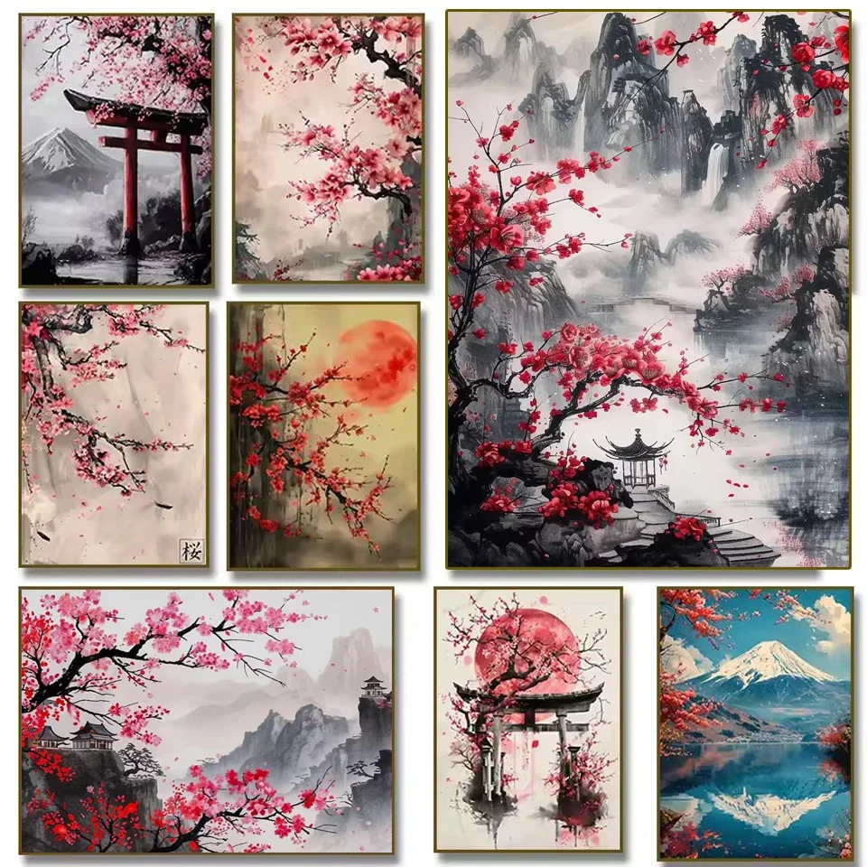 Oriental Ink Wash Landscape Canvas Painting Red Plum Blossom Sakura Torii Gate Fuji Mountain Asian Traditional Ink Art Print