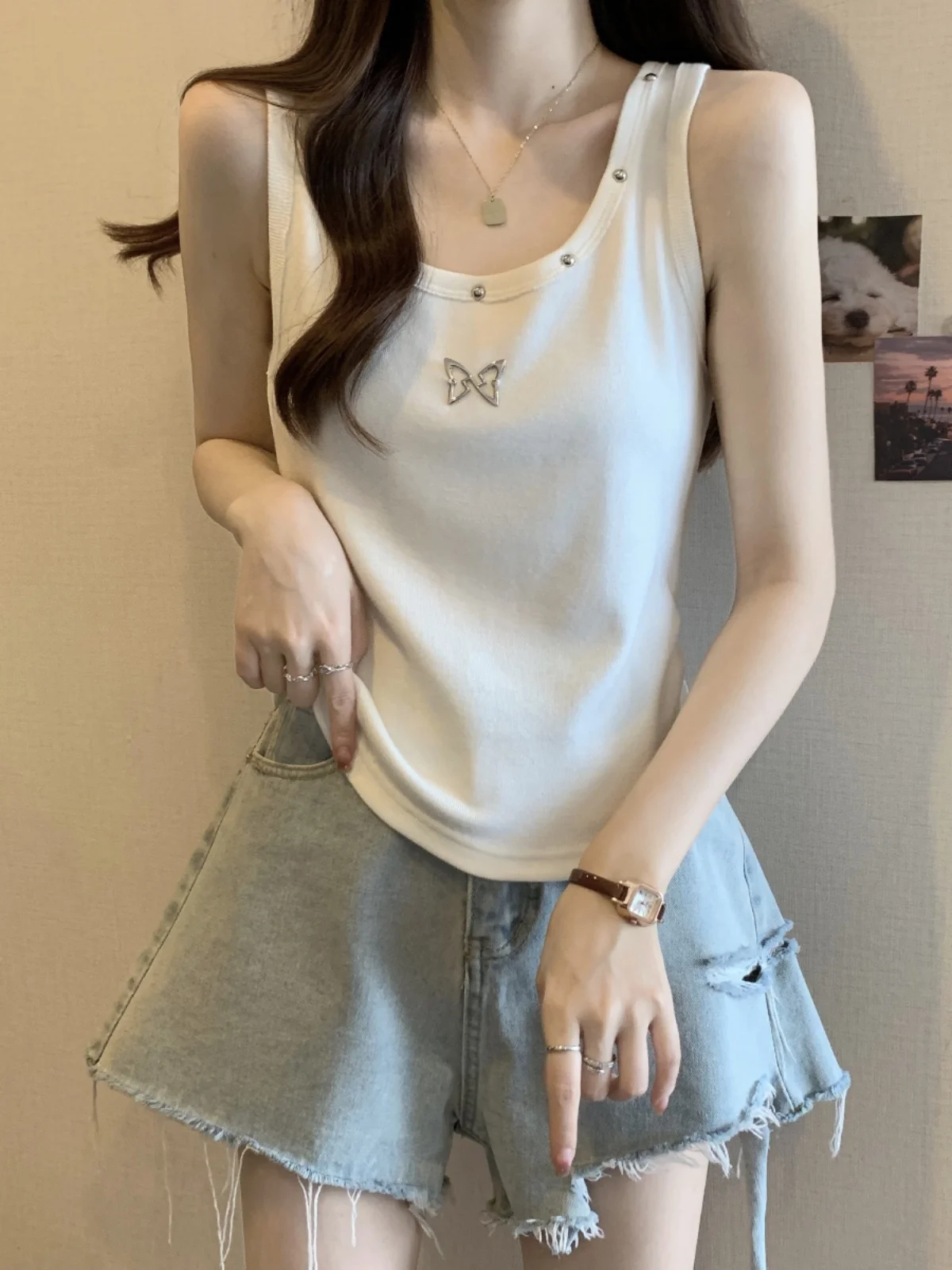 

Slimming Design Summer Sleeveless U-Neck Vest Women's Innerwear Outerwear Small Strap Vest plus Size Fashionable Trendy Top