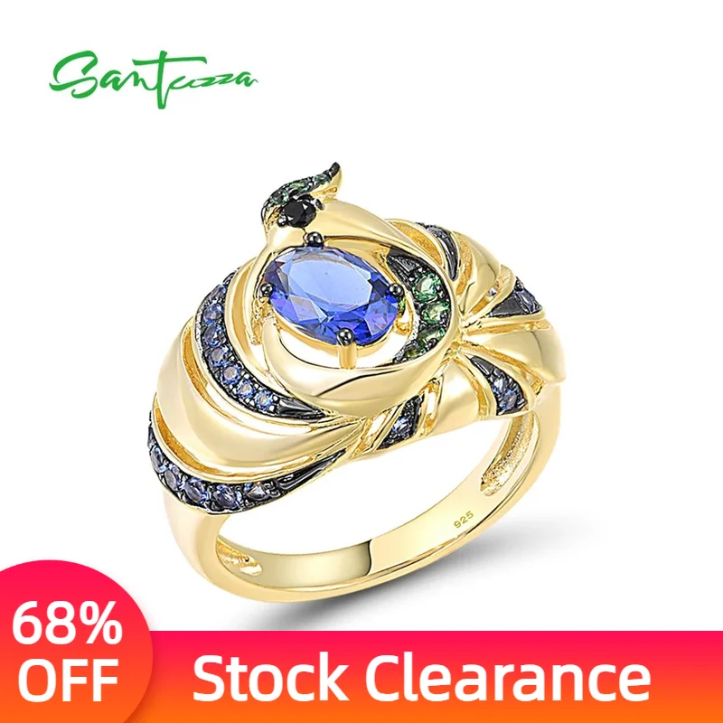 

SANTUZZA 925 Sterling Silver Rings For Women Gold Color Black/Blue Spinel Cubic Zirconia Peacock Ring Fashion Trendy Jewelry