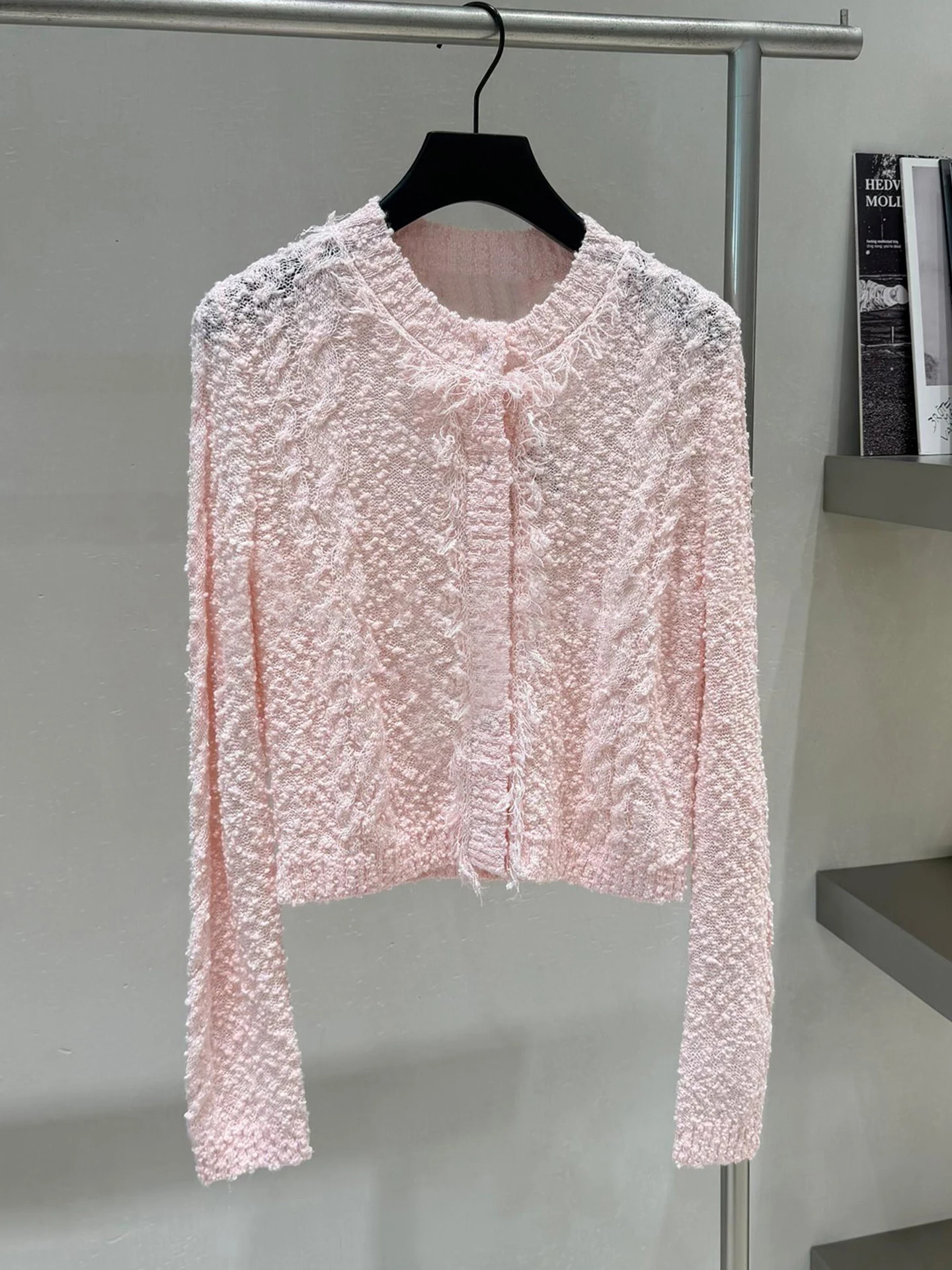 

High-End Women's Knitted Hollow out Hook Flower Cardigan Spring Summer Fashion Soft Medium Length Sleeve Long Sleeve round Neck