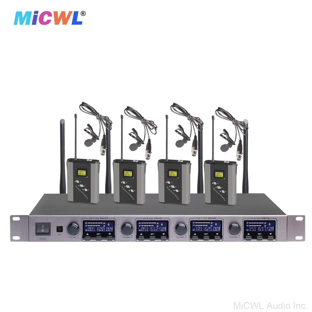 High-end Rechargeable 400 Channel Digital Wireless Microphone System 4 BeltPack Transmitter Lavalier Tie Clip Mics MiCWL D724