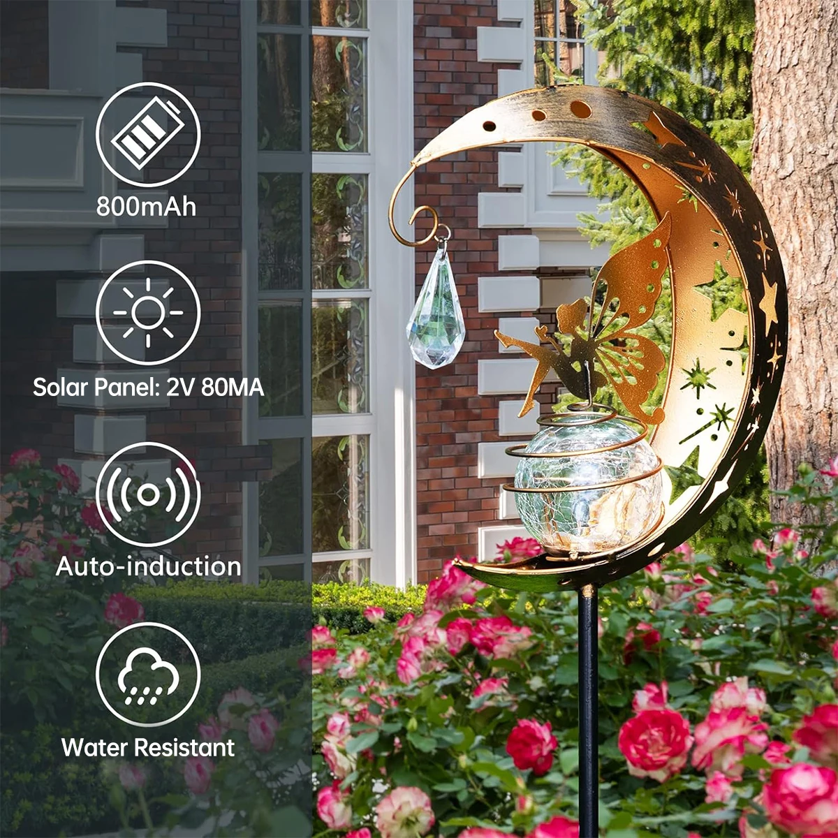 Solar Decroation Light Moon Fairy Lamp Outdoor Garden Crackle Glass Globe with Angel Pathway Stake Light Solar Grdound Light