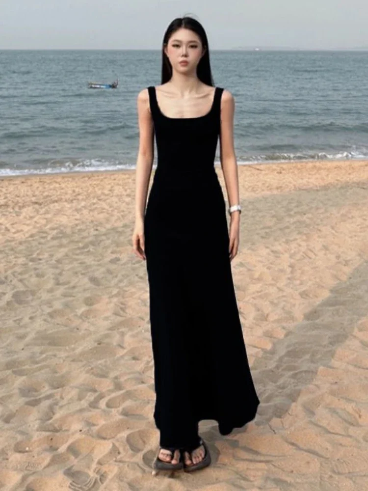 فستان نسائي على شكل حرف a تونيك عصري ماكسي مثير على طراز الشاطئ فيستدوس هوتسويت أشرطة سباغيتي للنوادي الليلية الصيف Y2k عطلة جمالية
