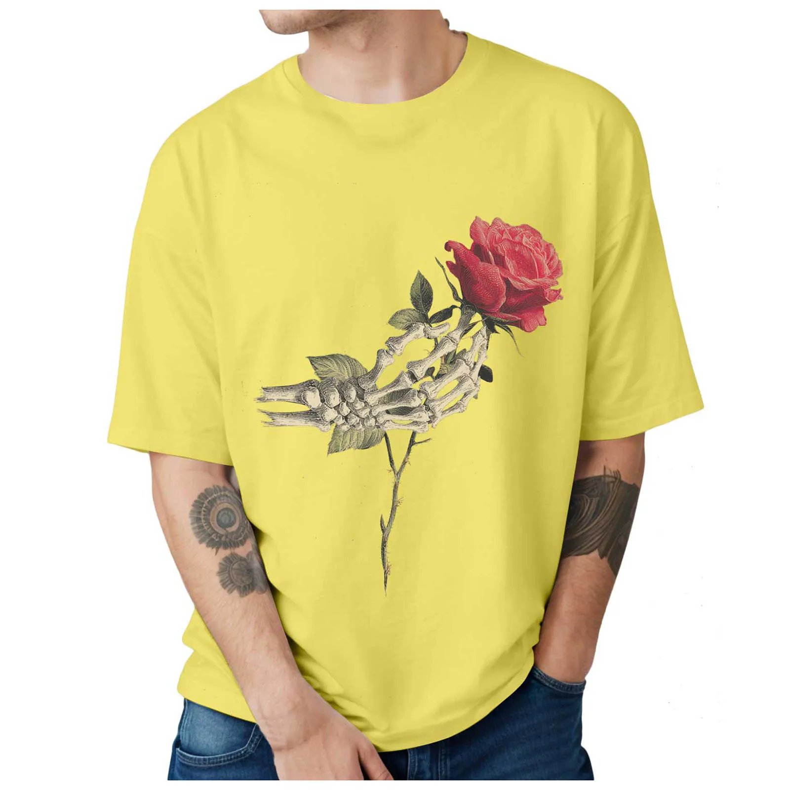 تي شيرت رجالي هالوين الهيكل العظمي اليد الوردي كم قصير قطرة الكتف الجولة الرقبة تي شيرت حجم كبير بلايز حمالة #6