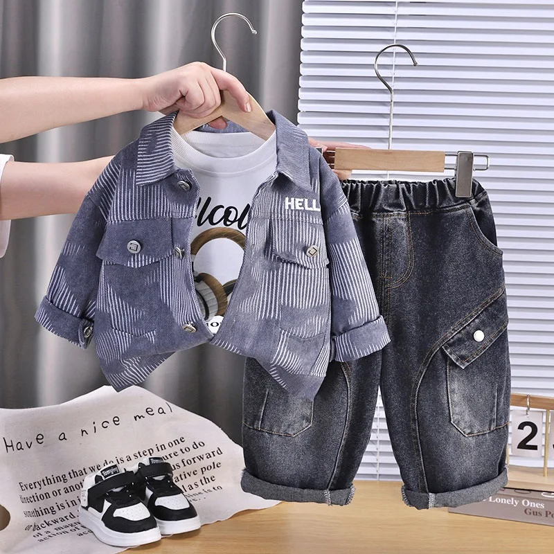 Boys' Suit 2026 Spring and Autumn New Children's Wear Korean Fashion Boy Baby Western T-shirt Tie-dye Jacket Jeans Three Sets