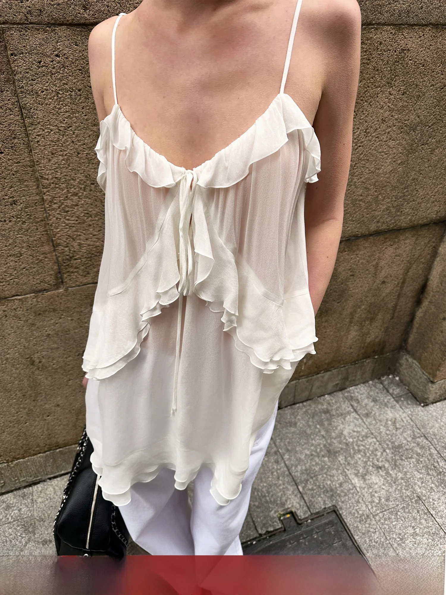 

White V-Neck Strap Women's Outerwear Summer Dream Design Multi-Layer Lace Trim Crop Top Tight Fit Short Length Fashionable
