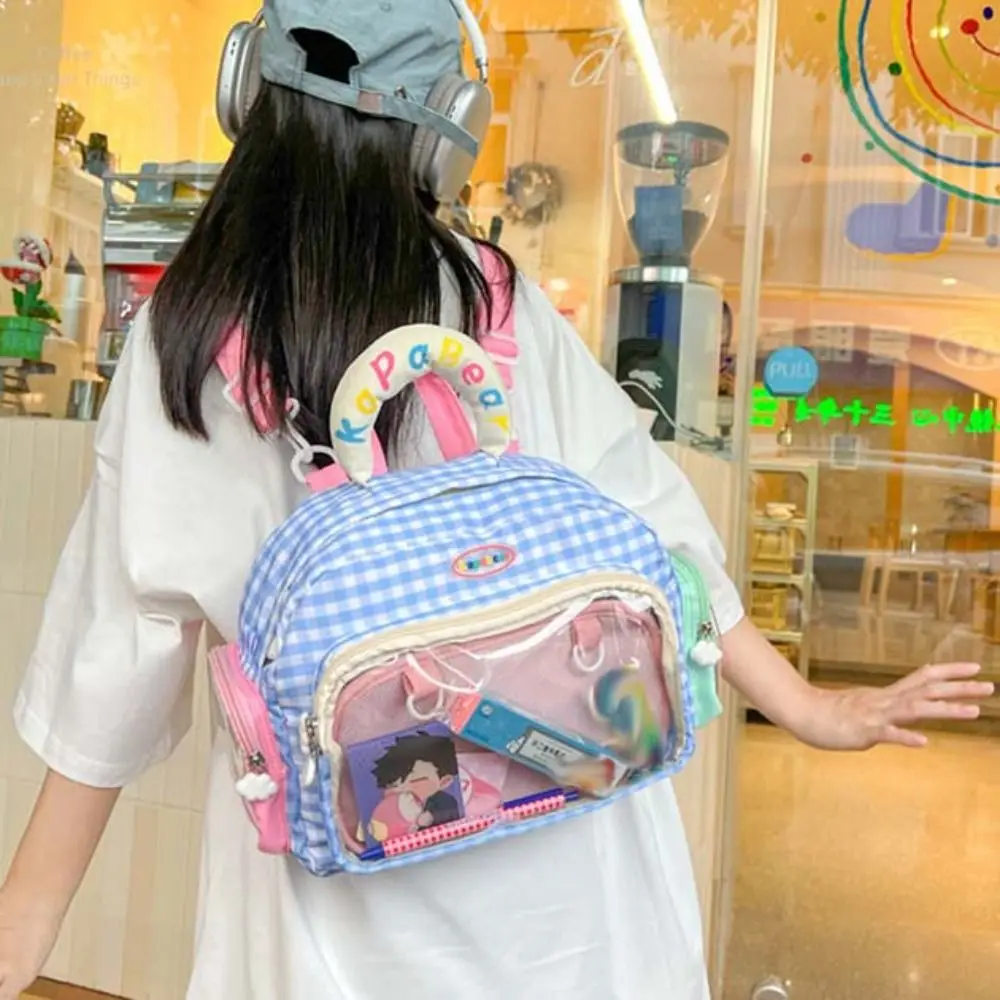 Zipper Bag Blue Plaid Itabag Dual Purpose Korean Style Transparent Pocket PU Idol Merchandise Storage Fashion Backpacks Children