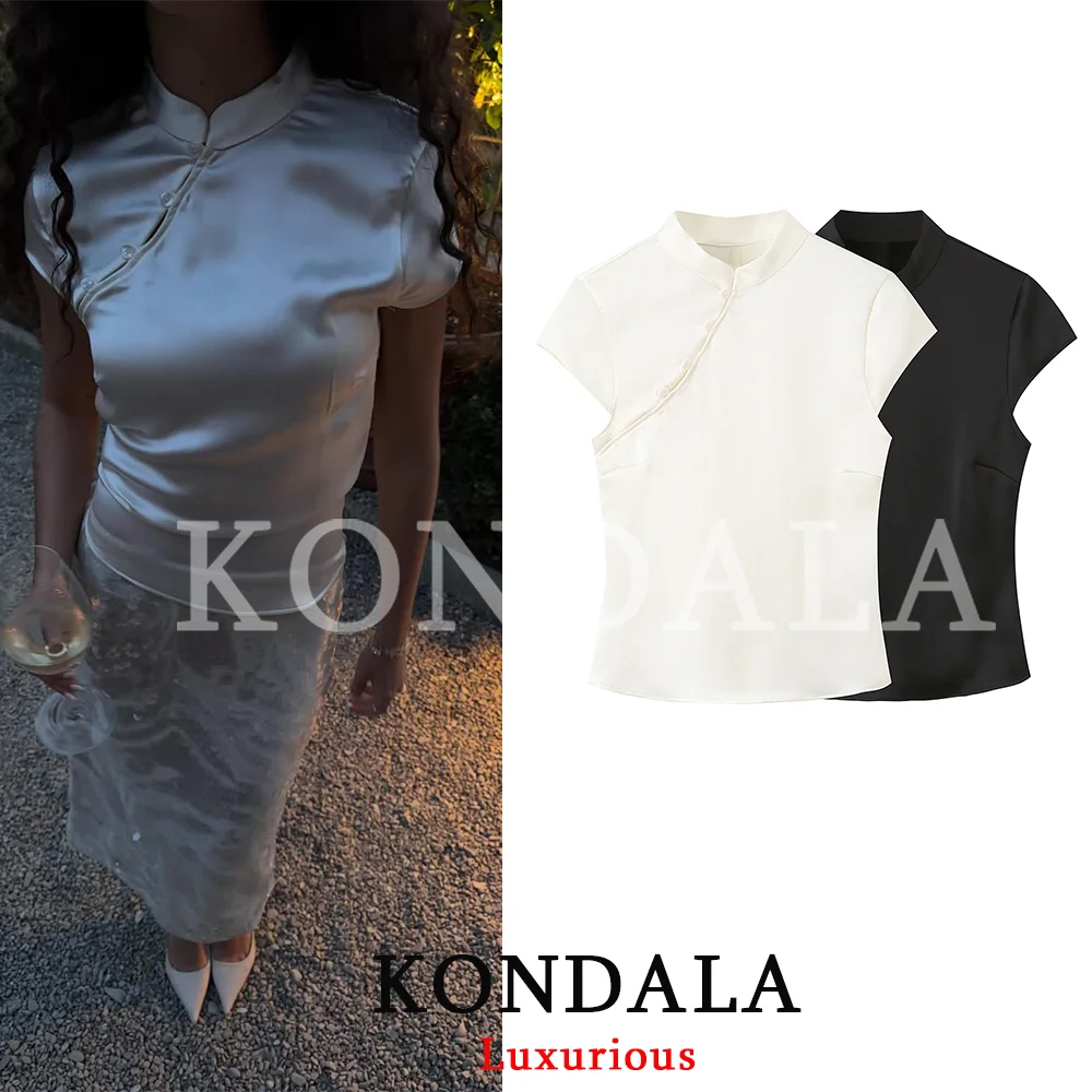KONDALA Elegancka bluzka damska w stylu casual chic, stójka, krótki rękaw, zapinana na guziki, modna bluzka na wiosnę/lato 2026, idealna na wakacje i wieczorne wyjścia.