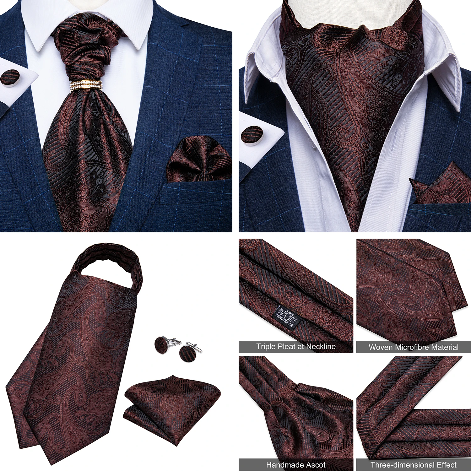 Luxury Men Green Blue Paisley Ascot Tie Set Solid Necktie Ring Wedding Party Cravat Purple Ties Pocket Sqaure Cufflink Free Ship