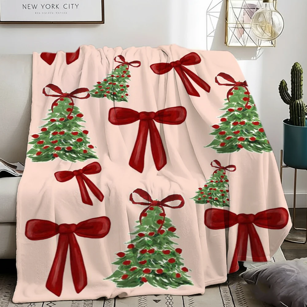 Wreath Blanket Fleece Christmas Candy Cane Soft Flannel Cozy Warm Blankets For Sofa Bed Pink Bowknot Sweet Ribbon Decor