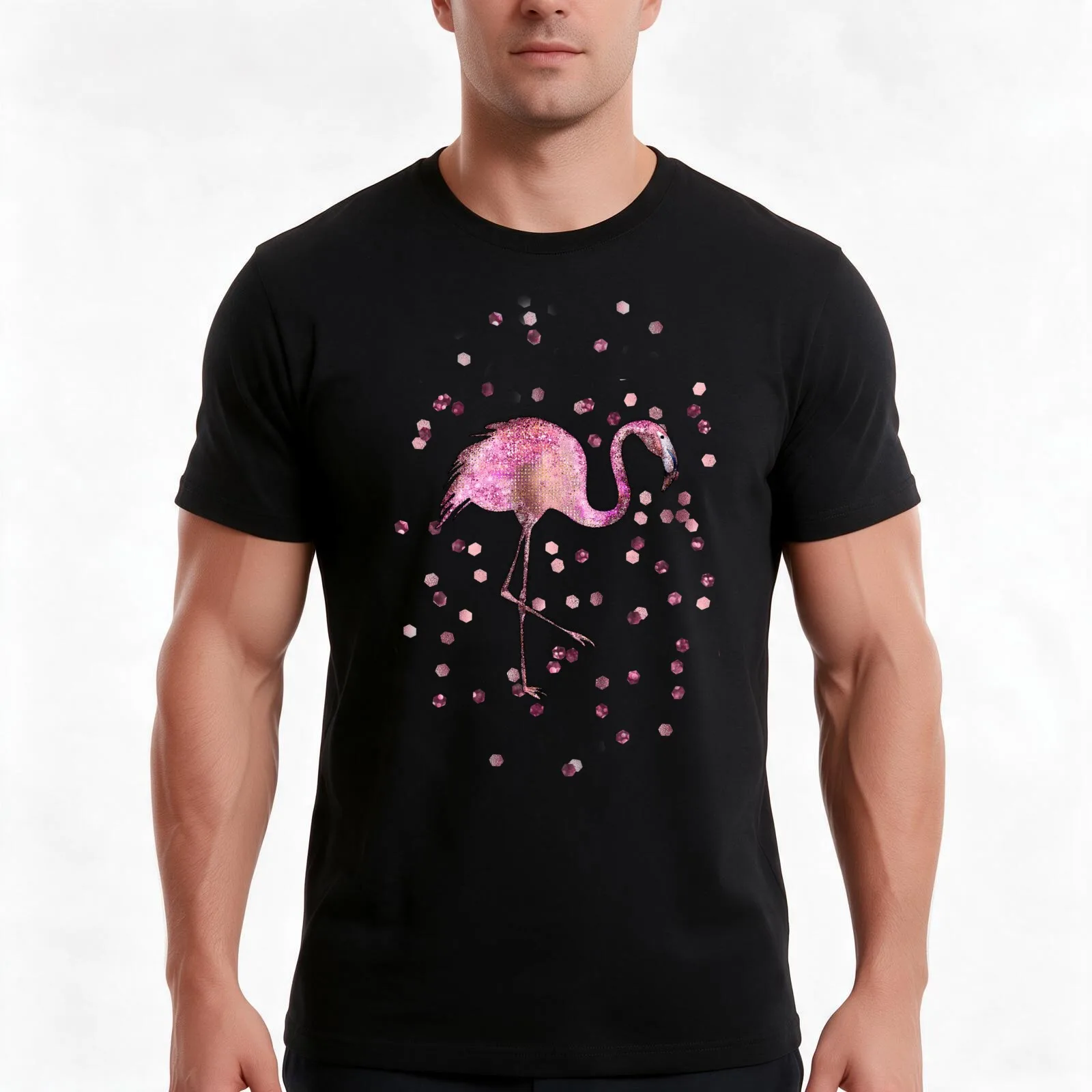 Glamorous Flamingo pink and rose gold sparkle T-Shirt, Summer Casual Cotton Tee, Oversized Streetwear Tops, Unisex Men Women