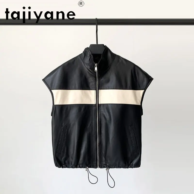 TAJIYANE Real Leather Jacket Women Veste Femme Sheepskin Jackets for Woman Short Sleeveless Leather Coat Color Blocking Дубленка