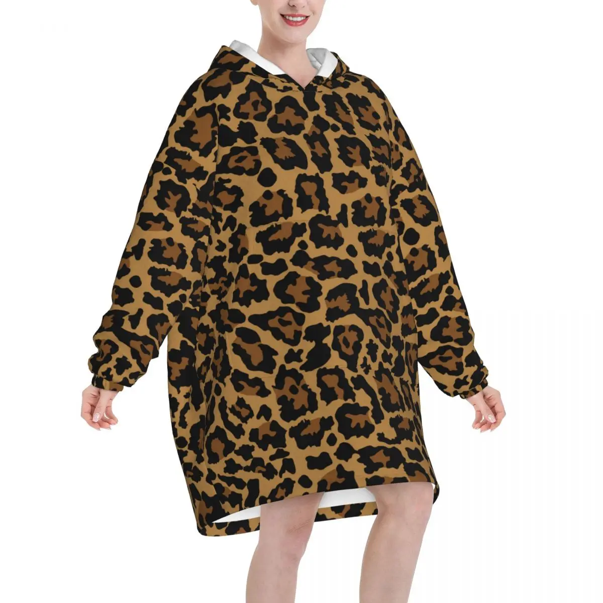 Wearable Blanket Hoodie Leopard Skin Oversized Sweatshirts Blanket Warm Cozy Flannel Fleece Sherpa Blanket with Pockets