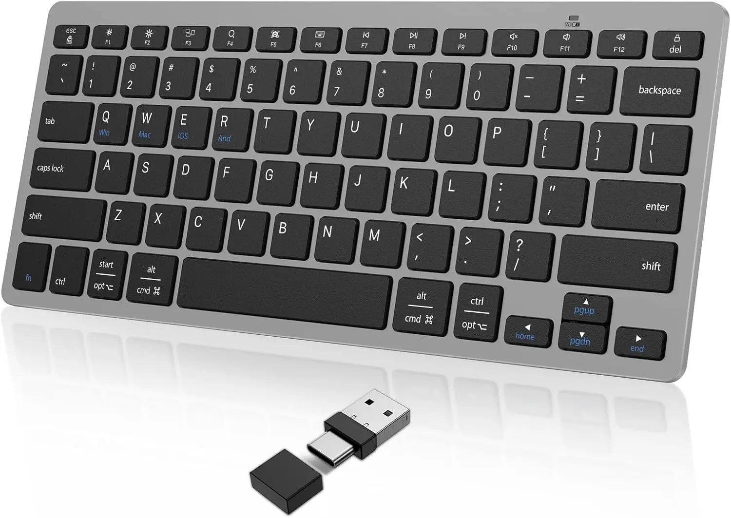 Ultra-Slim 2.4G Wireless Keyboard with Type-C & USB-A Receiver, Compatible with Windows, Laptop, PC, TV - Grey