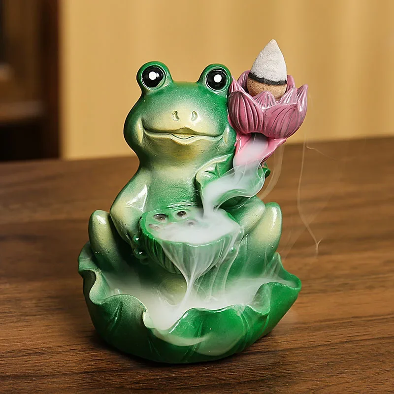 1pc, Handcrafted Resin Backflow Incense Burner with Lotus Leaf and Frog Design - Home Decor Gift (Without Incense)