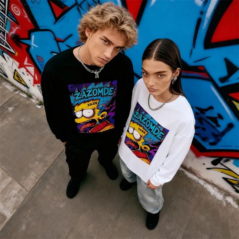 

ZAZOMDE уличная одежда в стиле хип-хоп, мужская футболка с длинным рукавом, 100% хлопок, мягкая, удобная посадка, забавный мультяшный персонаж, модный принт
