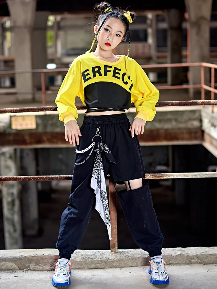 Girls Jazz Dance Costume Hip Hop Clothing Yellow Tops Black Pants Kids Modern Dance Performance Outfit Street Dance Suit BL9098