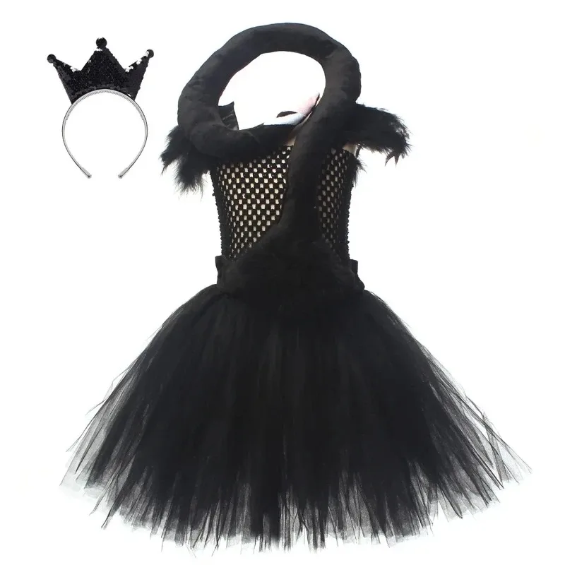 Girls Black Swan Cosplay Dress, Elegant Swan Princess Gown,  Kids Frocks, Halloween Party Stage Performance Costume Outfit