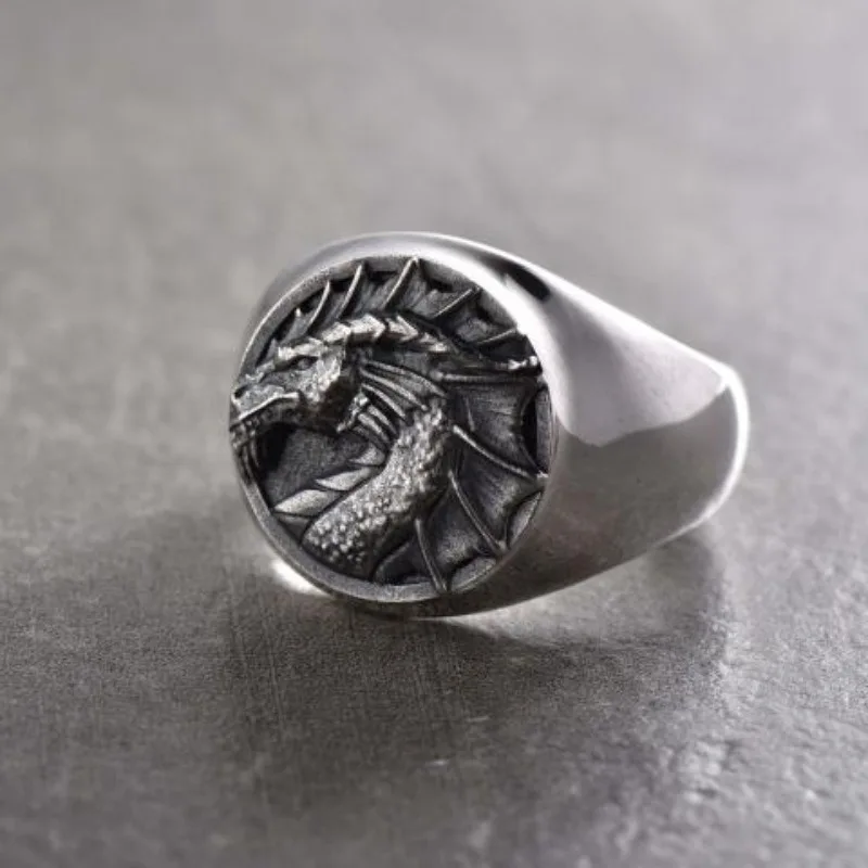 Men Retro Celtic Dragon Signet Ring Unique Vintage Engraved Statement Finger Ring Trendy Gothic Accessory for Casual Occasions