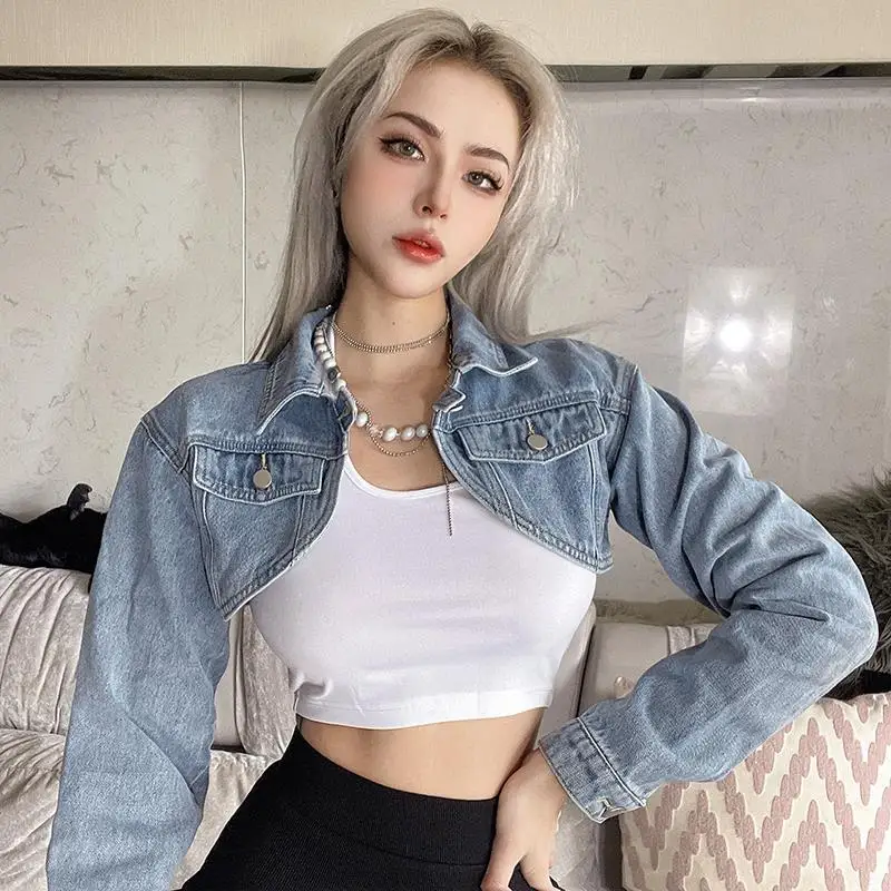 

Vintage Ultra short denim jacket women spring and autumn new fashion Long sleeve slim cardigan jeans coat female streetwear T463