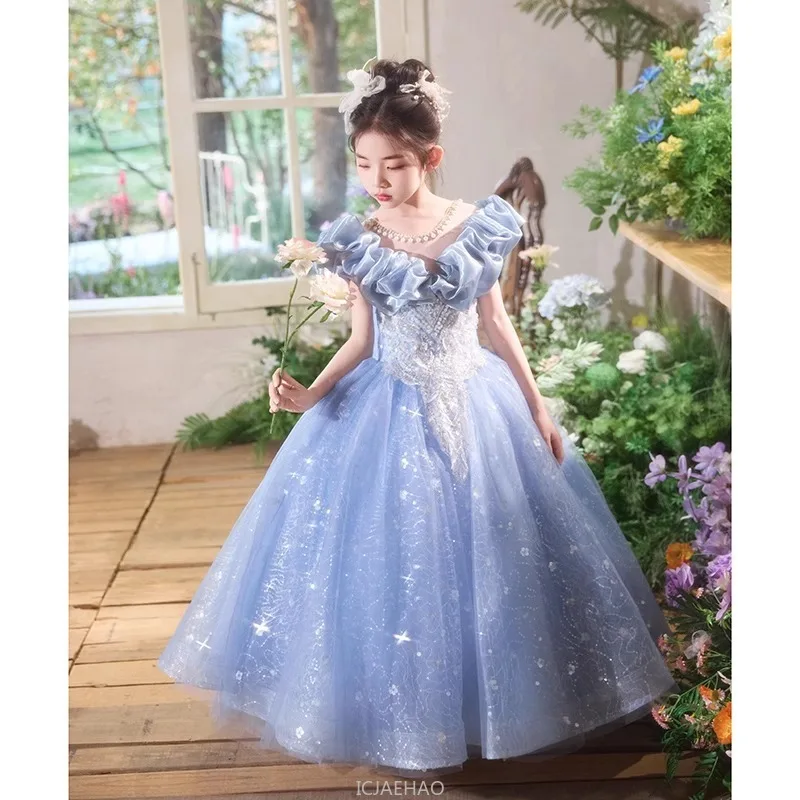 2025 Blue Girls Evening Dress Luxury Princess Gown Birthday Party Pageant Outfit Kids Piano Recital Performance Formal Clothes