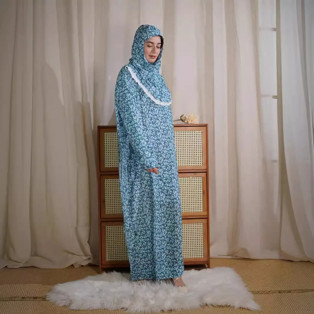 Conjunto de roupas islâmicas confortáveis mulheres muçulmanas tradicional chapéu de renda oração 2 peças jilbab abaya khimar moda vestido impresso terno
