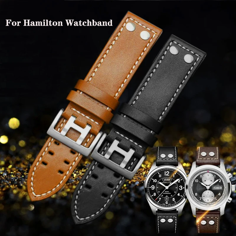 20mm 22mm Double Row Hole Leather Strap for Hamilton Seiko Watchband Rivet Men Military Pilot Khaki Field Aviation Watch Strap