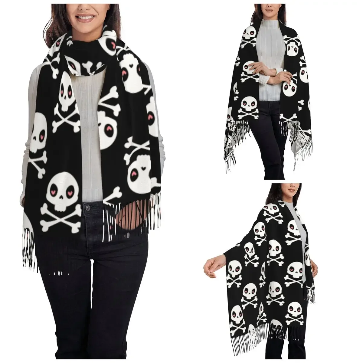 Women Scarf with Tassel Halloween Horror Long Soft Warm Shawl and Wrap Cartoon Skull Bone Flag Daily Wear Cashmere Scarf