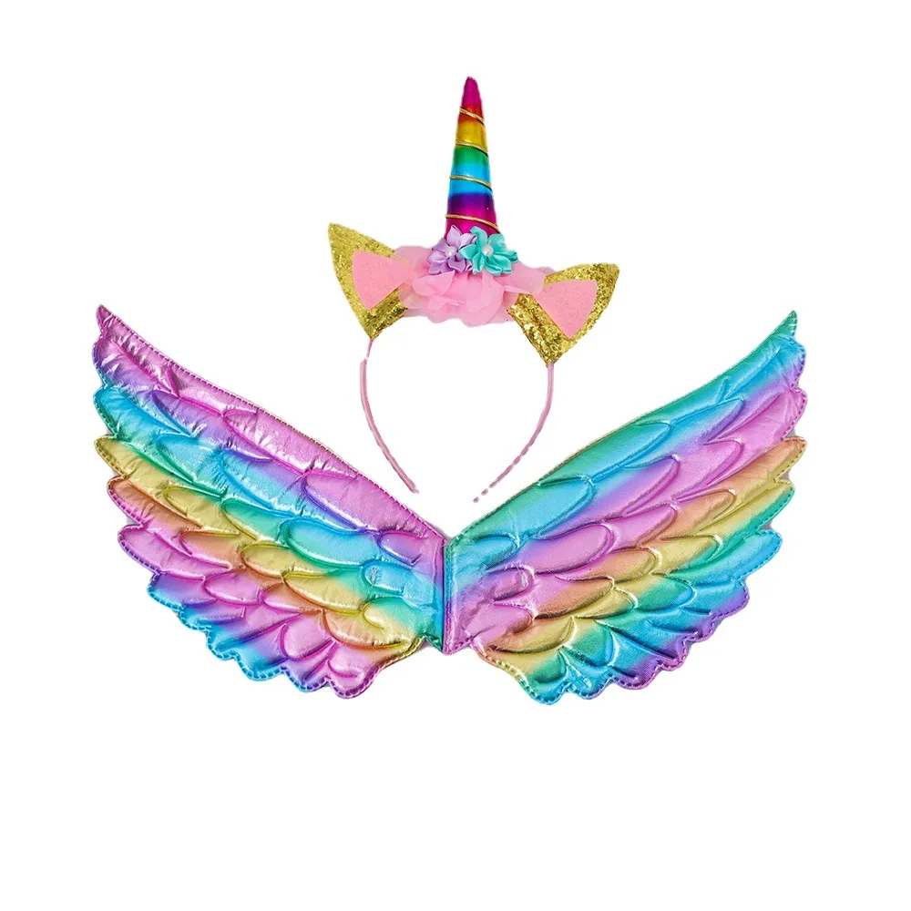 Flower Cat Ears Cute Hairband Children Unicorn Headband Rainbow Wings For Kids Photo Props Birthday Party Hair Accessories