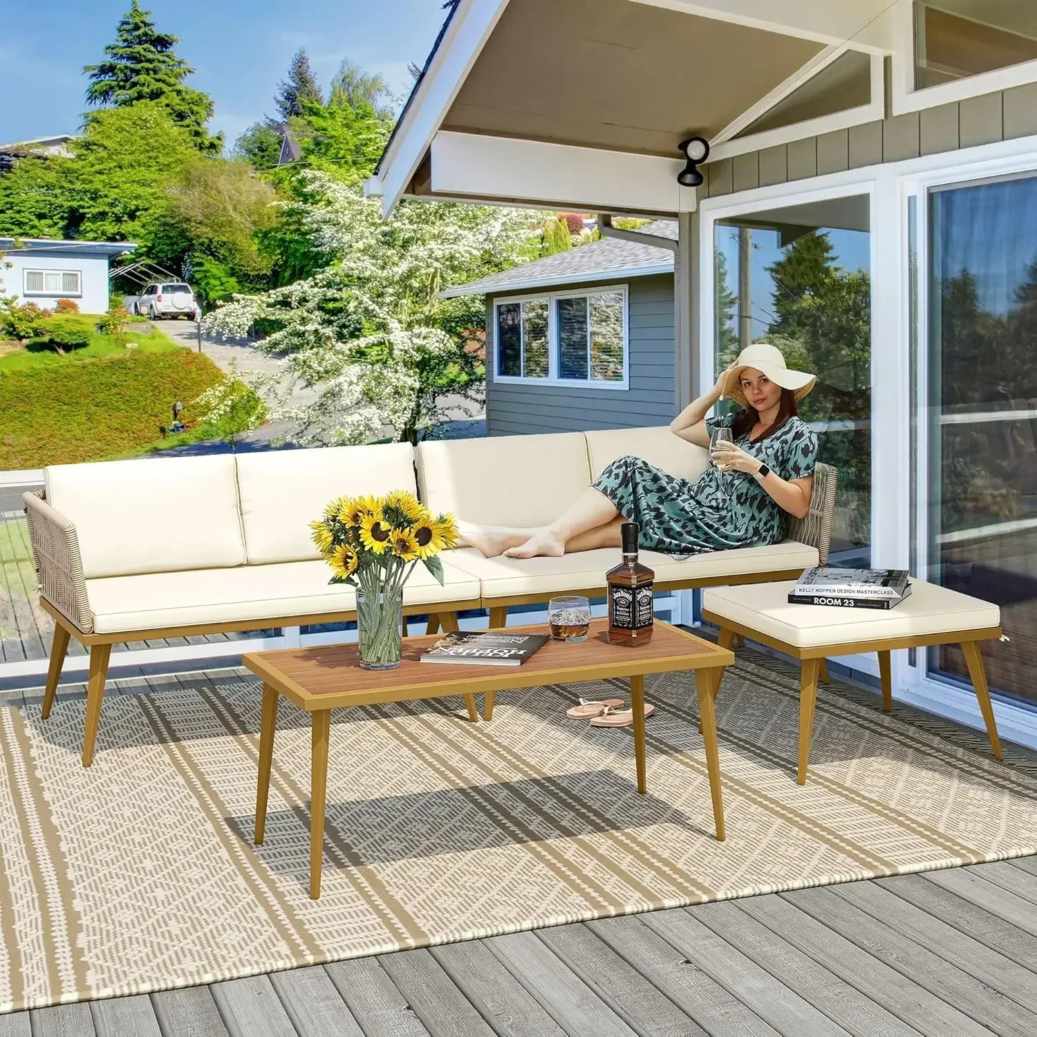 

v Outdoor Rattan Woven Conversation Sectional L-Shaped Sofa with 5 Seater for Backyard Porch