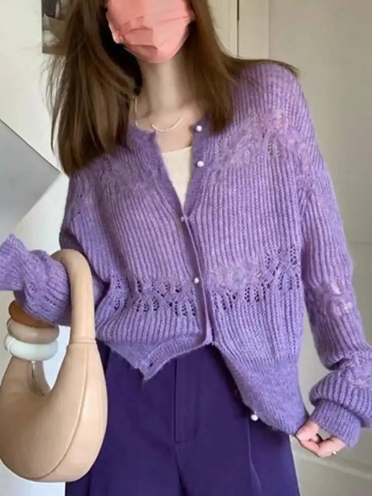 

Women Knitting Sweater Cardigan 2025 Autumn Winter Women's Purple Short Knit Sweater Soft 2025 Trendy Cute Top