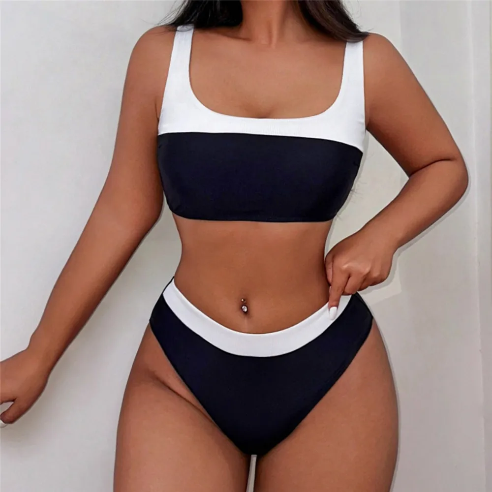 

Black White Patchwork Swimwear High Waisted Bikinis Sets 2025 Sexy Swimsuit Women High Cut Bathing Suit Brazilian Bikini Mujer