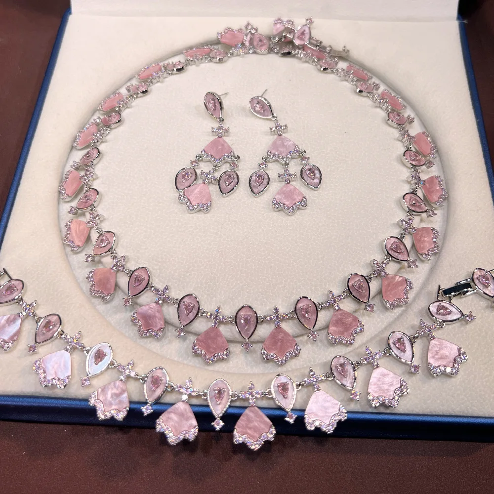 Shell pink high-end jewelry set, copper inlaid zircon exquisite high-end fashion S925 earrings necklace women
