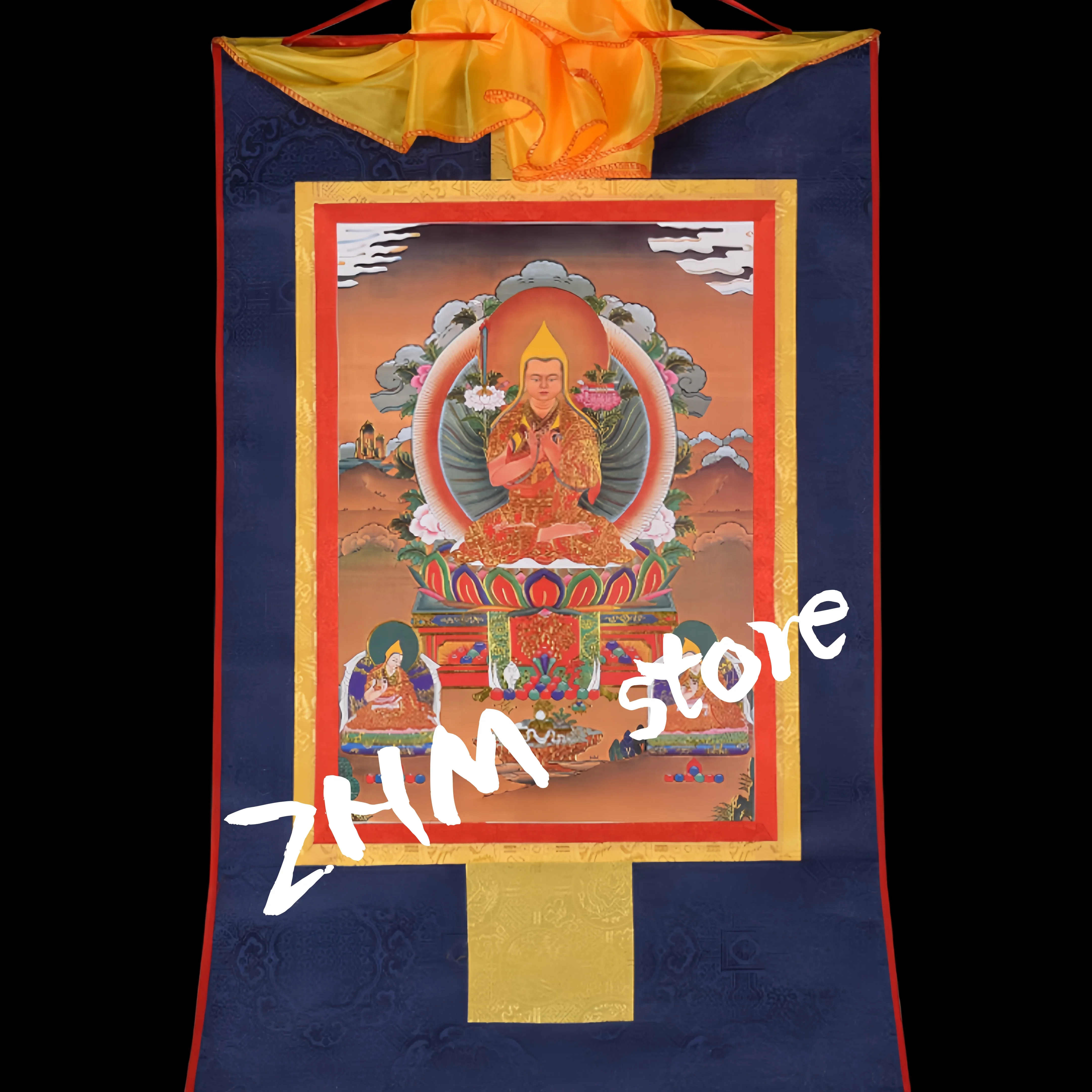 Thangka Painting Hanging Scroll Gold-Stamped Tsongkhapa Master Depiction of Three Buddha Figures (Master And Disciples)