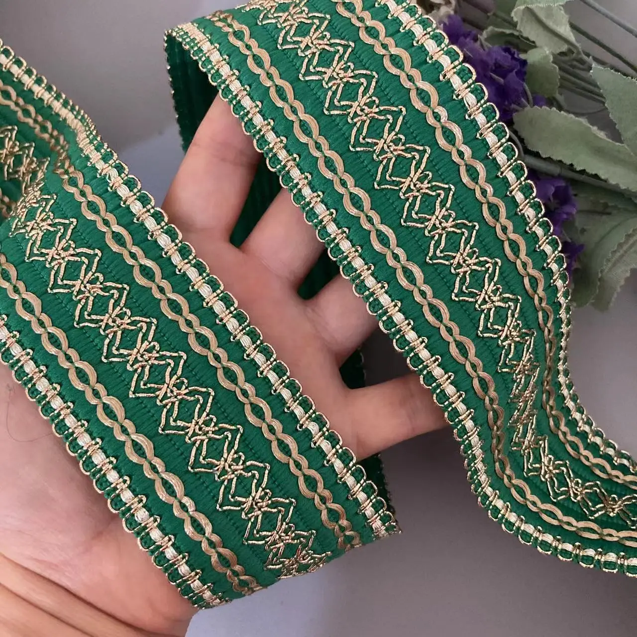 

1 Yard Green 5cm Lace Trim Ribbon Embroidery Dress Sequin Fabric Jacquard Decoration Shoe Hat Material Ethnic Style Accessories