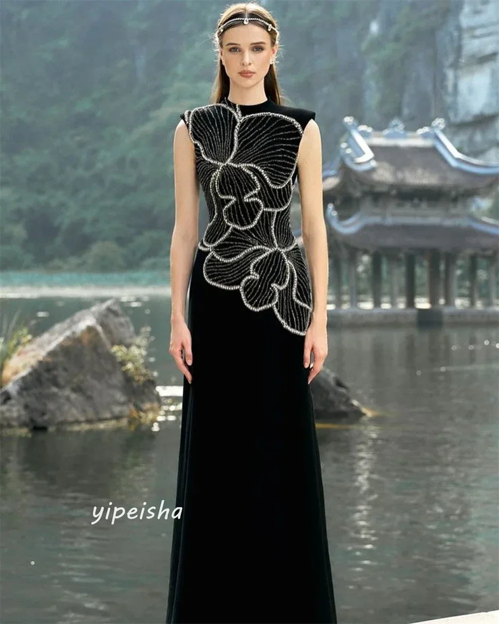 저지 비즈 드레이프 웨딩 파티 a 라인 하이 칼라 맞춤형 행사 가운 미디 드레스 사우디 아라비아 댄스 파티 드레스 맞춤형