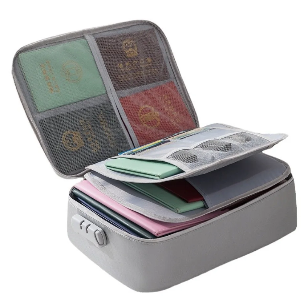 

Waterproof Fireproof Document Bag Multi-Layer Zipper Closure Portable Passport Case Large Capacity Password Lock Files Briefcase