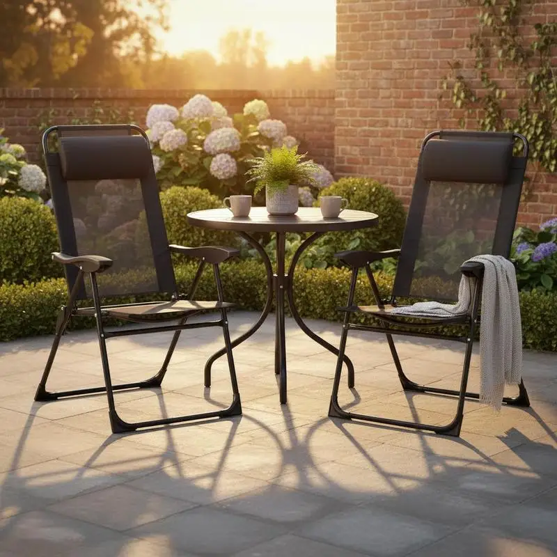 Folding Patio Dining Chairs Set of 2, Outdoor Deck Chair with Adjustable Sling Back, Camping Chair with Removable Headrest for Garden, Backyard, Lawn, Black