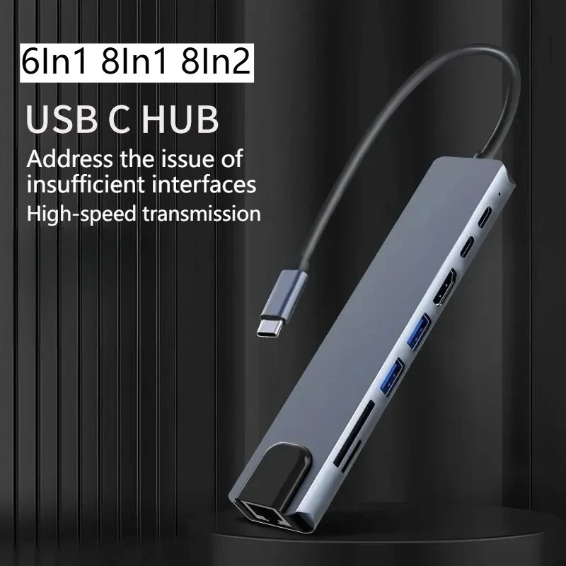 

6in1/8in1/8in2 with PD & SD/TF RJ45 HDMI USB C 3.0 Hub Type C Splitter 4K Docking Station for MacBook IPad Pro Phone Computer