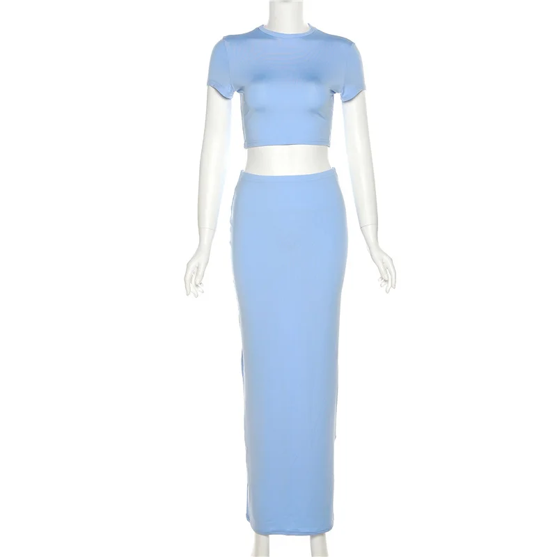 2023 Basic Casual Solid due pezzi Set donna Hipster manica corta o-collo t-shirt + gonna abbinata all'anca vestito ombelico nudo femminile