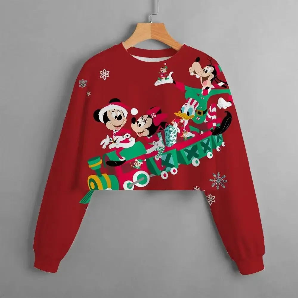2024 Christmas Classic Disney Children\'s Clothing Mickey Mouse Print Girls Short Hoodie Sweater Casual Comfortable And Cute Top